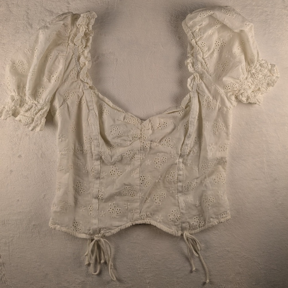 For Love‎ & Lemons Eyelet Puff Sleeve Corset Top Tie Front White Medium